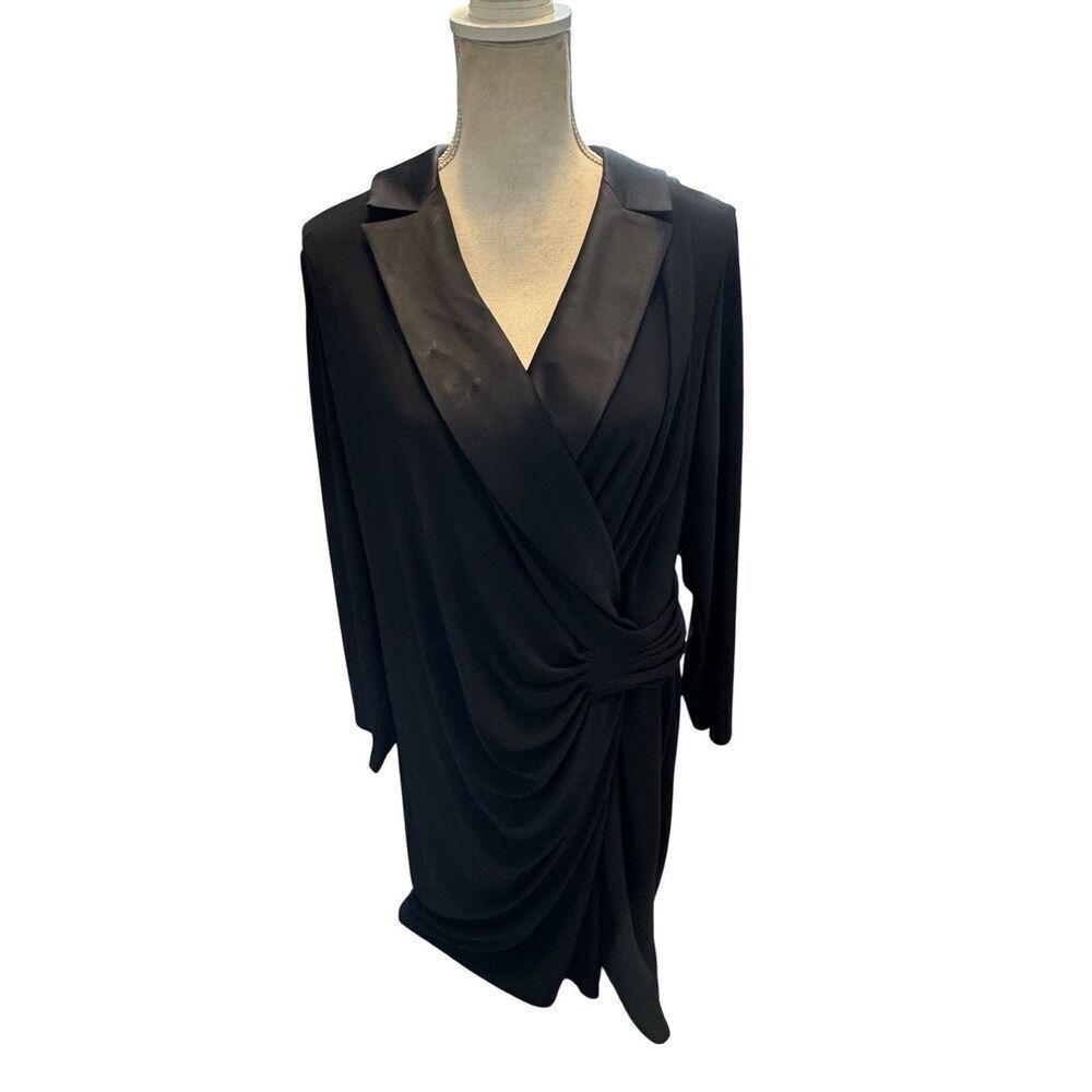 RALPH LAUREN Black V-Neck Satan Midi Dress LBD Wedding Mother Of The Bride Sz 18